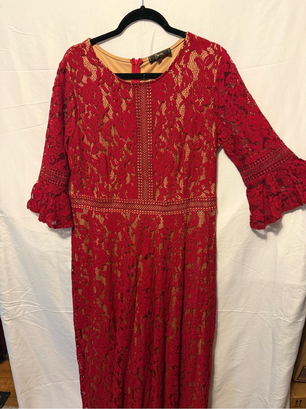 Red Lace Long Sleeve Midi Dress with Bell Cuffs